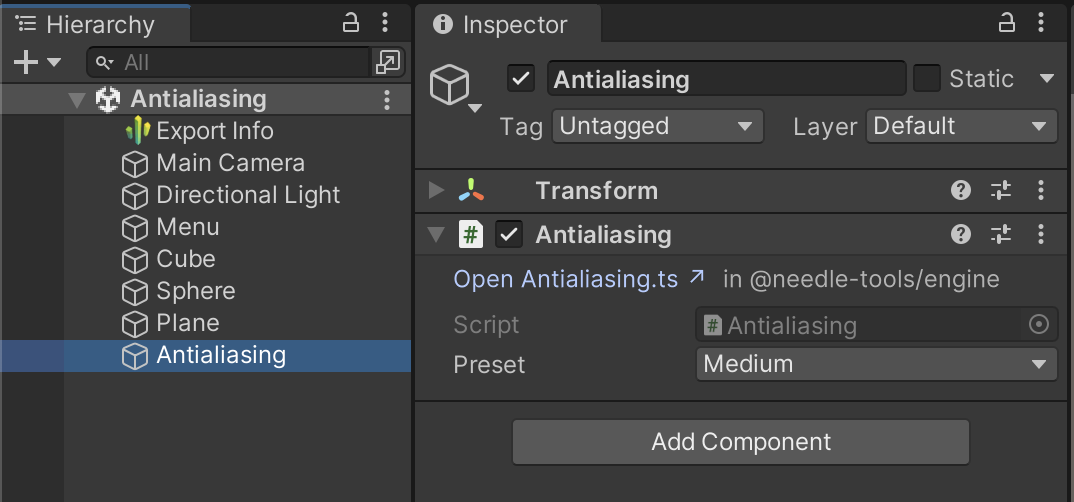 Antialiasing component in Unity editor
